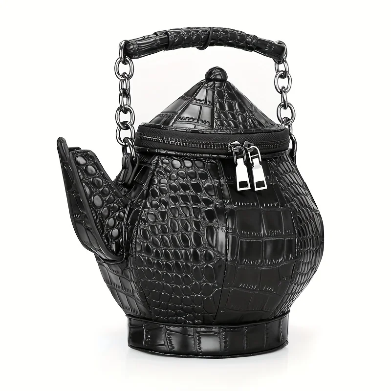 

Teapot Shaped Handbag, Gothic Crocodile Pattern Crossbody Bag, Witchy Gift Top-handle Funky Novelty Purse