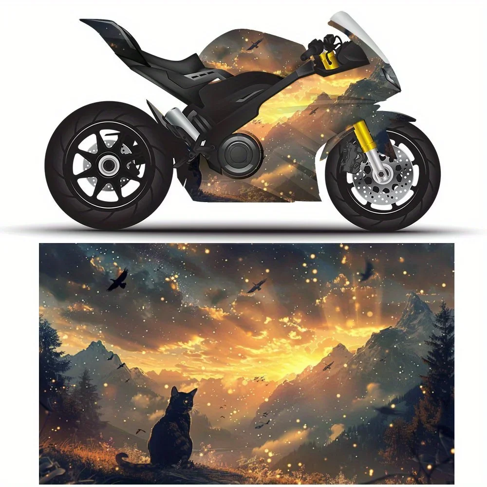 

Starry Mountain and Black Cat PVC Motorcycle Vinyl Wrap, Self-Adhesive Waterproof Sticker, Anti-Scratch Decorative Film for Bike
