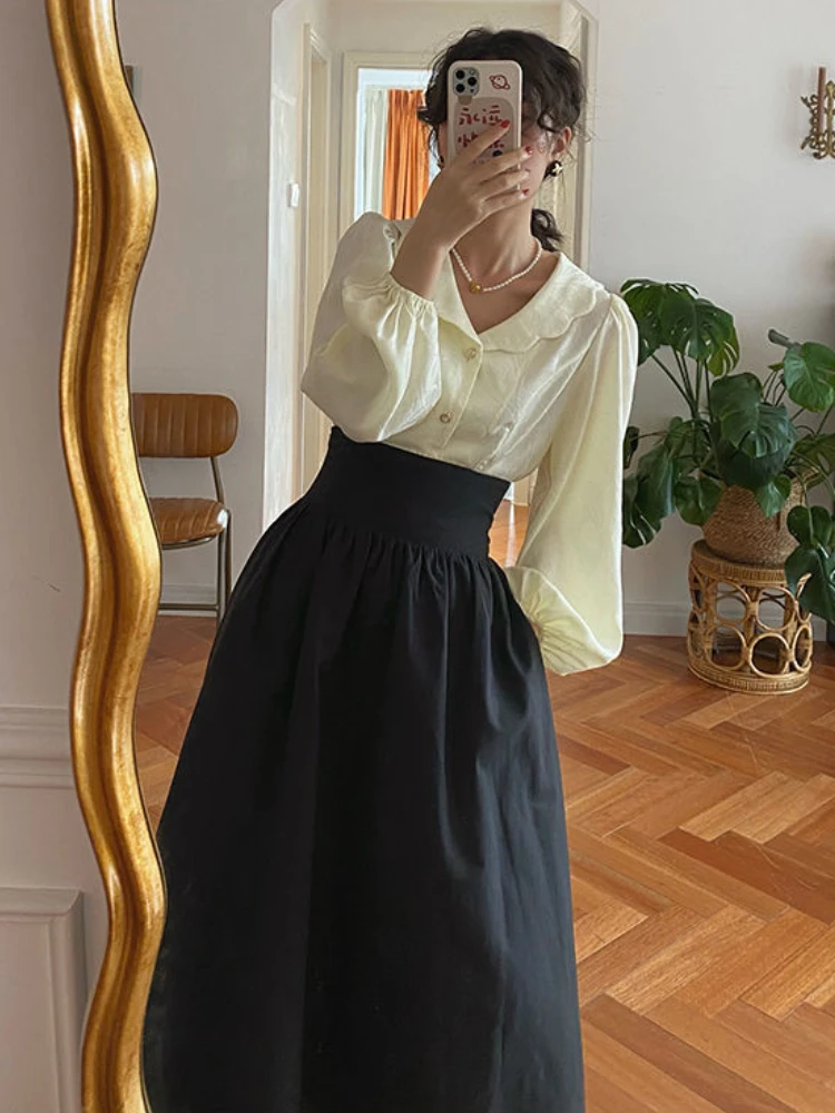 Set di gonne longuette da donna stile francese elegante fasciatura gonna a vita definita camicia a maniche lunghe vintage femminile di classe