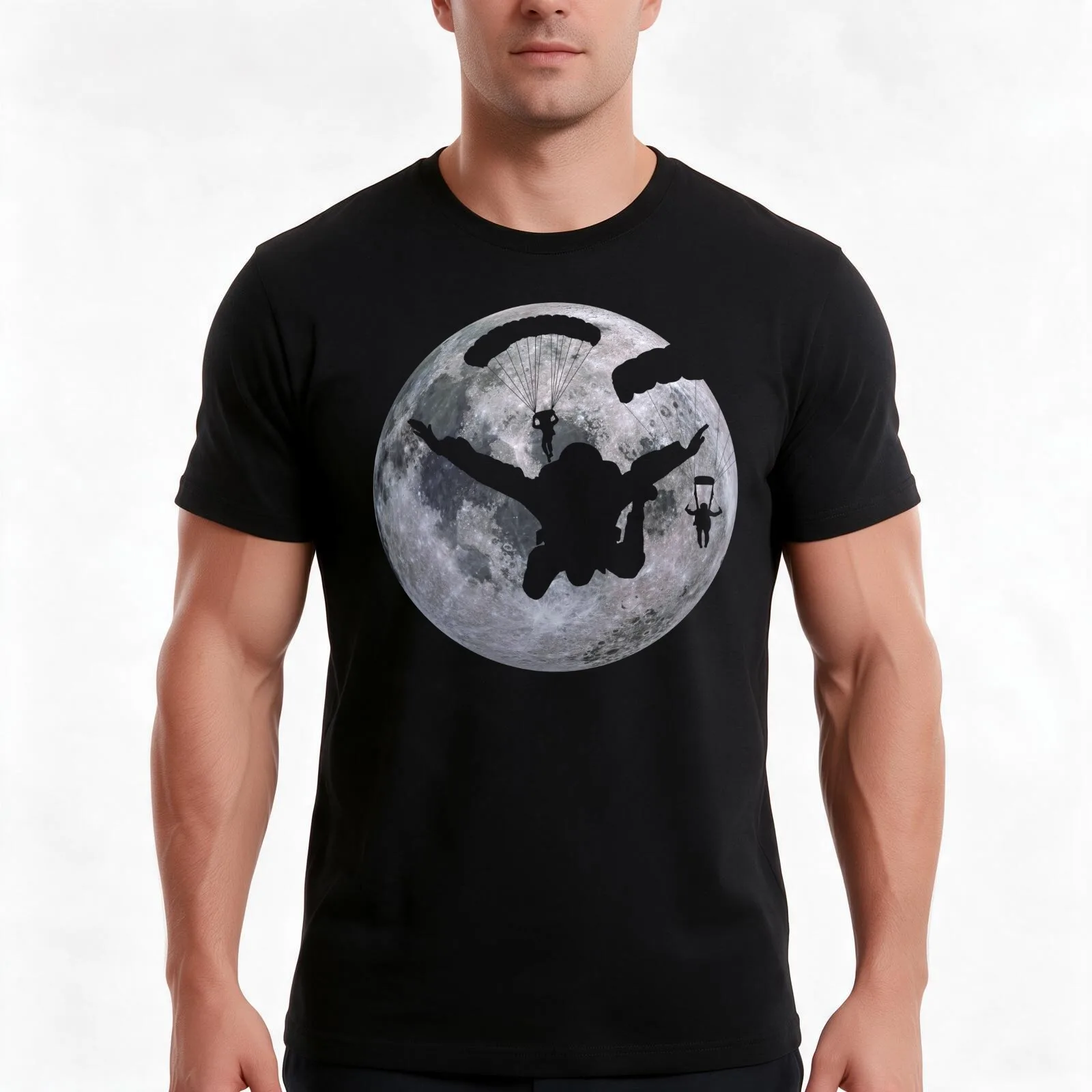Skydive parachuting design of a skydiver and the moon in the background. T-Shirt Summer Casual Cotton Tee, Unisex Men Women