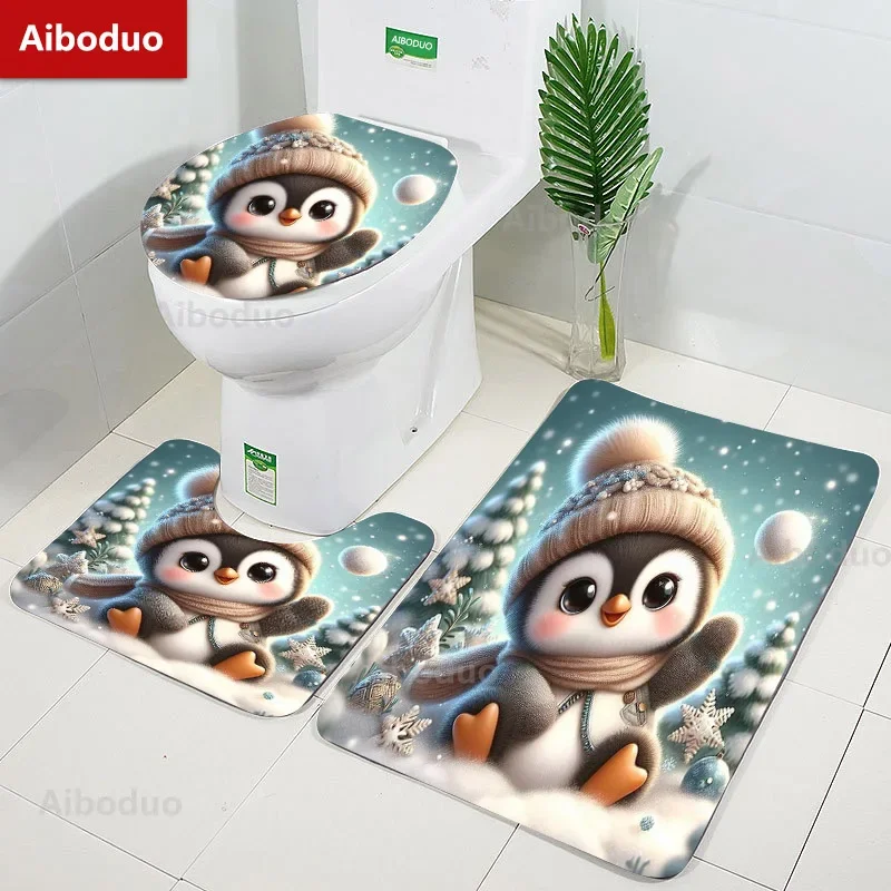 Cartoon Snowman and Penguin Bathroom 3Pcs/set Mats Home Flannel Winter Decorate Accessories Floor Rug Toilet Cover 40*60/50*80CM