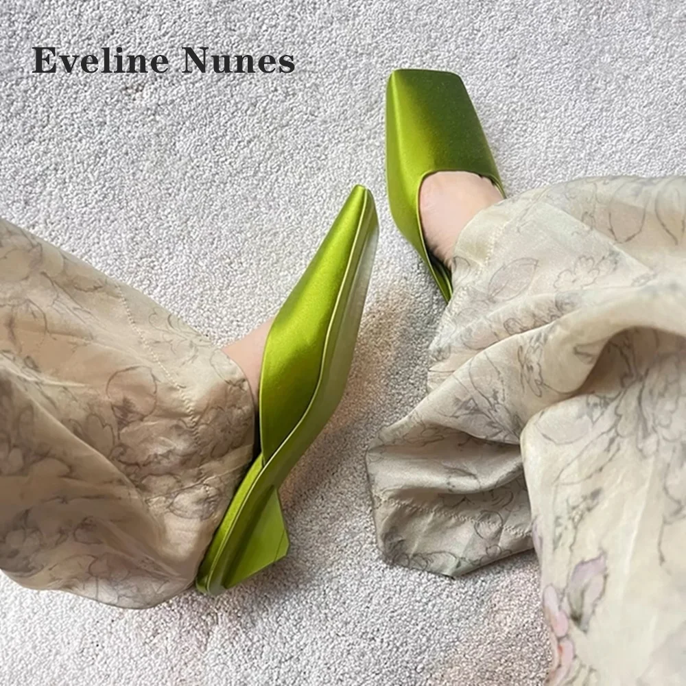 

Green Satin Strange Style Slides Square Toe Shallow Slip On Solid Women Sandals Slingback Side Air Casual Mules Elegant Summer