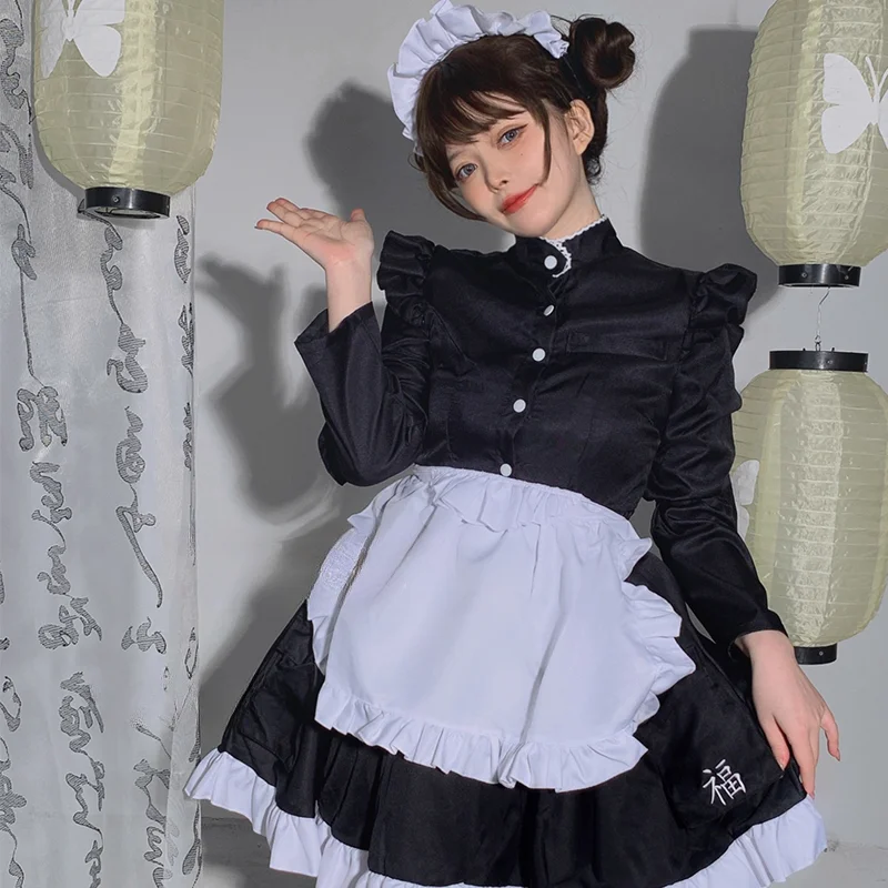 Anime japonês Uniforme de Empregada Lolita Preto Branco Manga Comprida Garçonete Café Amor Ao Vivo Trajes Cosplay Halloween Carnaval Roupas