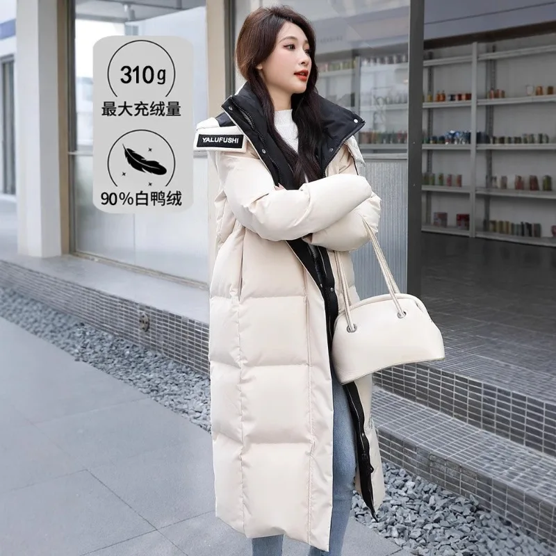 Echt wit eendendonsjack voor dames Noordoost super dikke lange, nauwsluitende winterjas tot over de knie