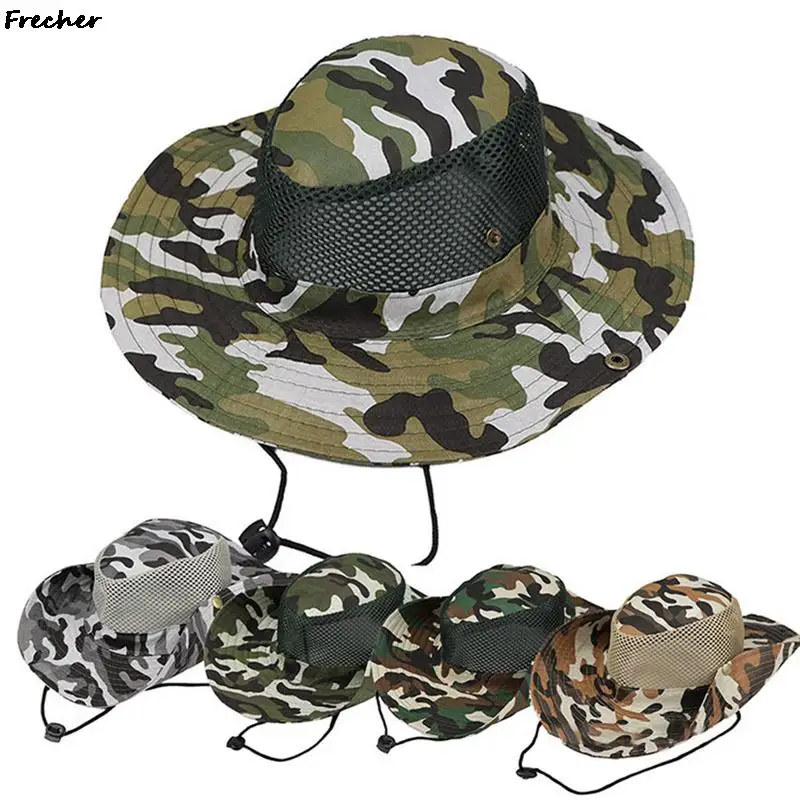 

Men's Summer Bucket Hats Wide Brim Camouflage Sun Hat Hunting Fishing Hiking Sunshade Chapeau Adjustable Buckle Casual Gorras