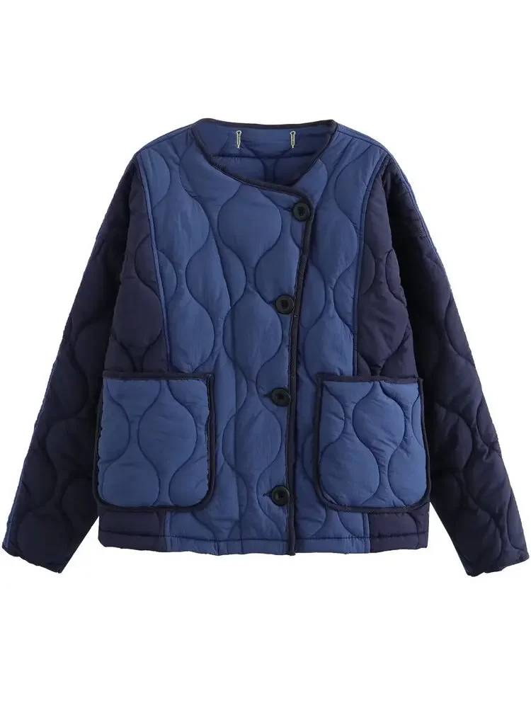 2025 Winter Women's Elegant Warm Loose Patchwork Navy Blue Parkas Coats Female Street Oversized O-neck Padded Thicken Jackets