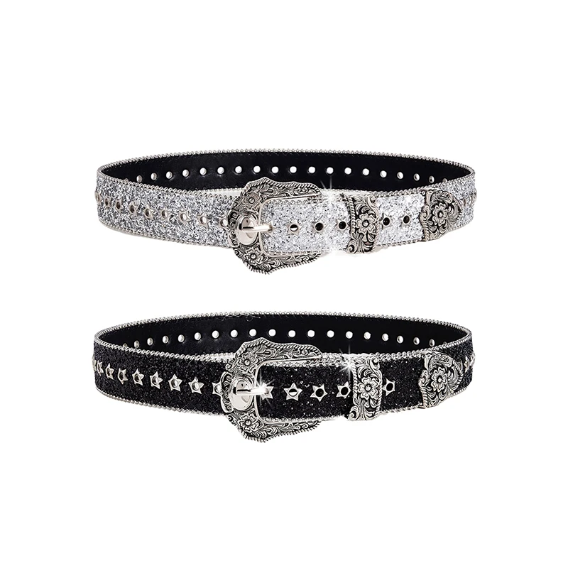 Eye-Catching Rhinestone Gothic Belts For Girls, Western Cowboy Style PU Leather Belts, Y2K Retro Fashion