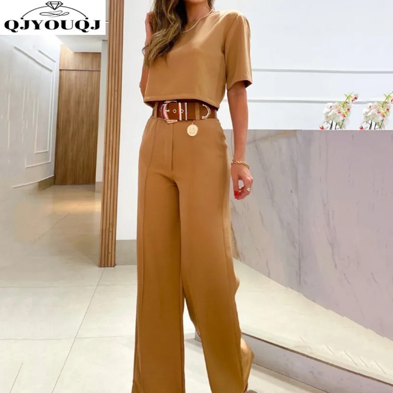 

European and American summer cross-border new solid color short sleeved+suit wide leg pants fashionable two-piece set