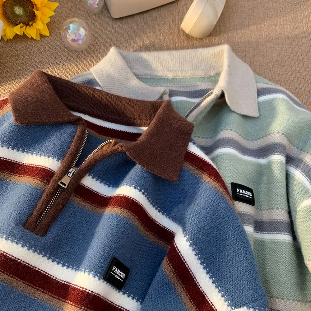 Japan Men's Y2K Knitted Warm Polo Knit Striped Turtleneck Sweater Shirts Winter Streetwear Knitwear Korean Clothes Jumper Men