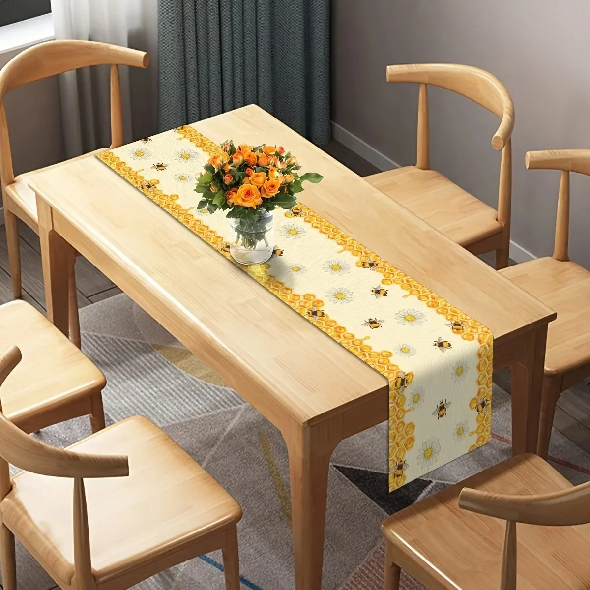 Watercolor Bee Honeycomb Daisy Table Runner Linen Texture Spring Farm Style Dining Decor For Holiday Party Kitchen Home Decorati