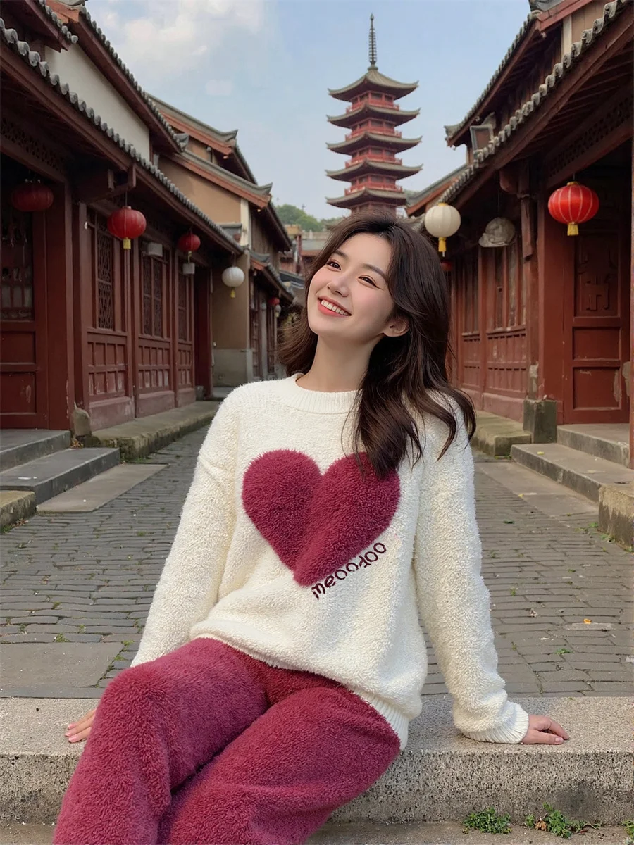 

Velvet Warm Pajama Sets Women Long Sleeve Thick Soft Touch Trendy Nightwear Indoor Outfit Comfy New Arrival Lady Female M-4XL
