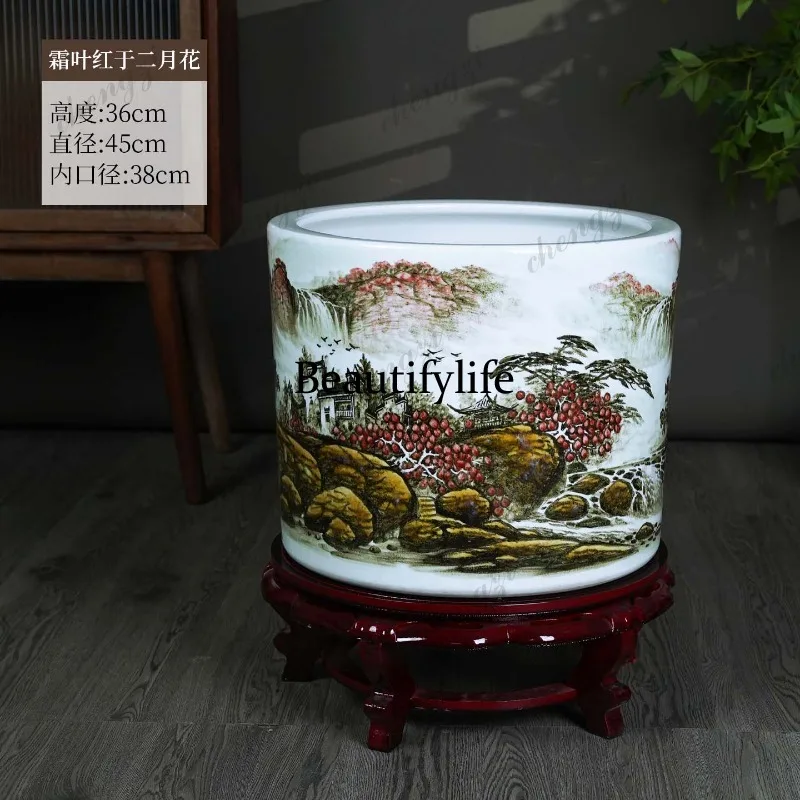 Jingdezhen ceramic hand-painted vase floor painting and calligraphy scroll cylinder living room study Chinese ornament