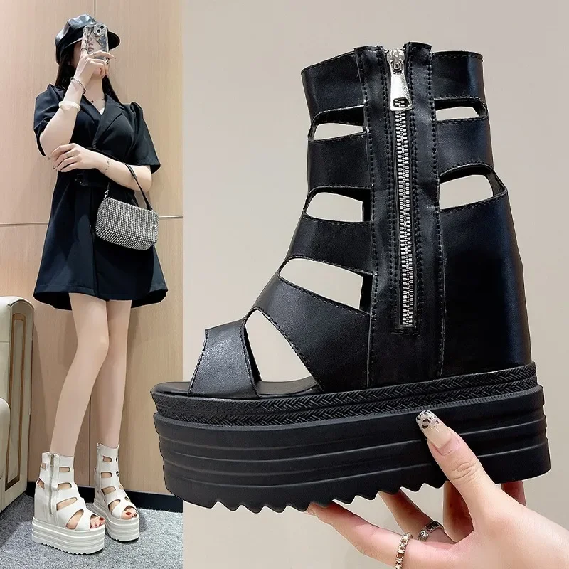 

Fashion Women's Roman Sandals Summer Ultra High Heel Wedge Platform Shoes Side Zip Open Toes Solid Color Sexy Sandalias De Mujer