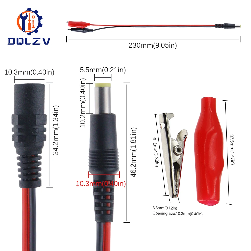 5.5X2.5MM Alligator Clip To DC Power Plug Connector Adapter Plug 25CM Test Leads Wire DC 5.5*2.1mm Crocodile Male Female Connect