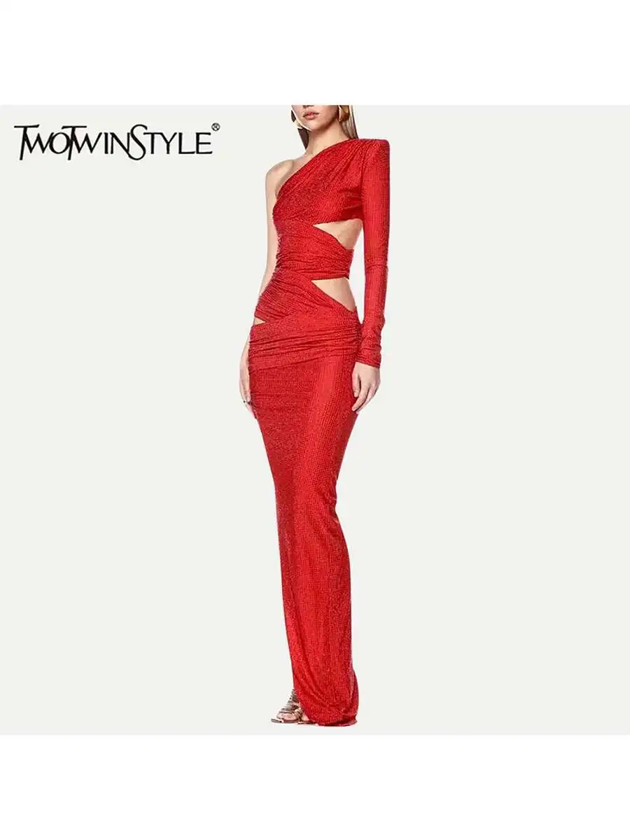 

TWOTWINSTYLE Solid Hollow Out Slimming Dresses For Women Diagonal Collar Long Sleeve High Waist Temperament Dress Female Fashion