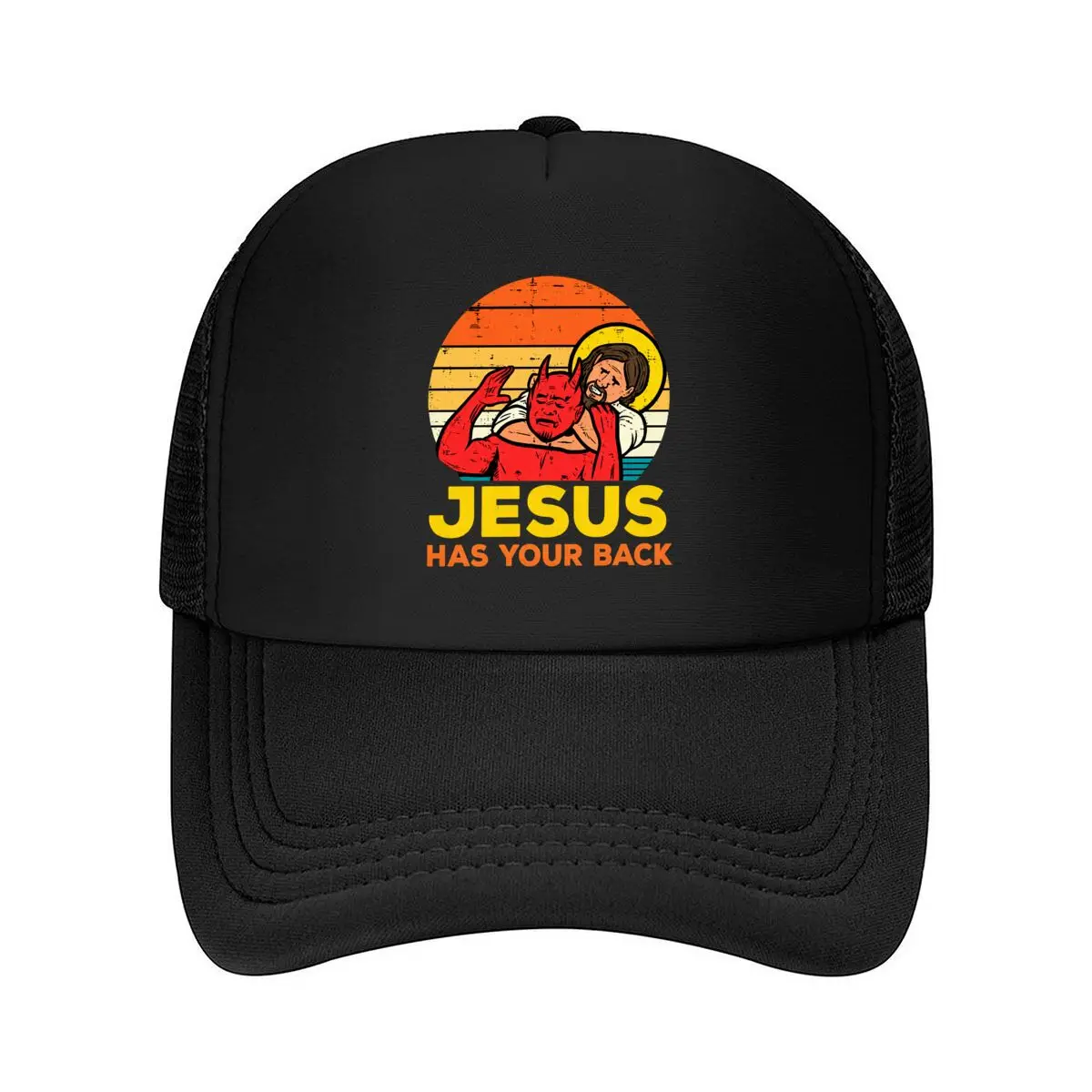 Jesus Has Your Back Christian Devil Graphic Mesh Baseball Cap Hip Hop