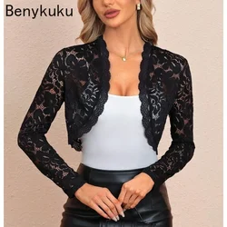 Black Floral Lace Cropped Tops Women Scalloped Long Sleeve Cardigan Coat Open Stitch 2025 Summer Cover Up Jacket Shrug Bolero