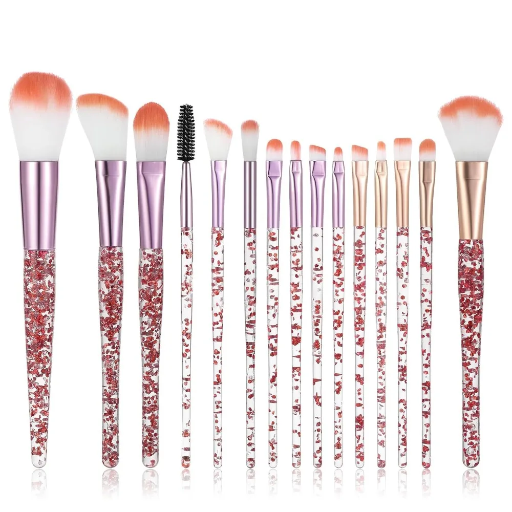 15-Piece Red Glitter Makeup Brush Set: Eye Shadow, Foundation, Concealer, Eyeliner, Lip Cosmetics for Professional Beauty