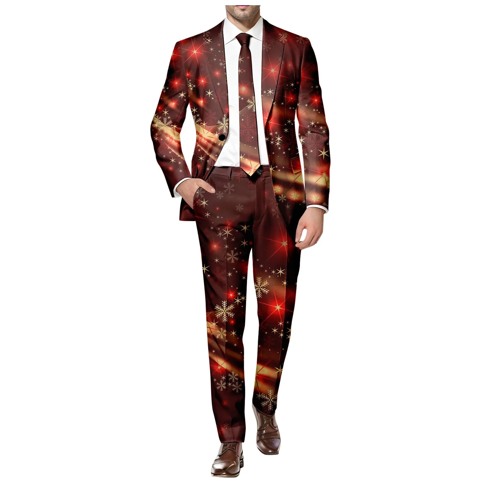 Snowflake Print Christmas Suit Long Pants Set Men One Button Lapel Pocket Suit Slim Fit Business Casual Pants Two-Piece Suit