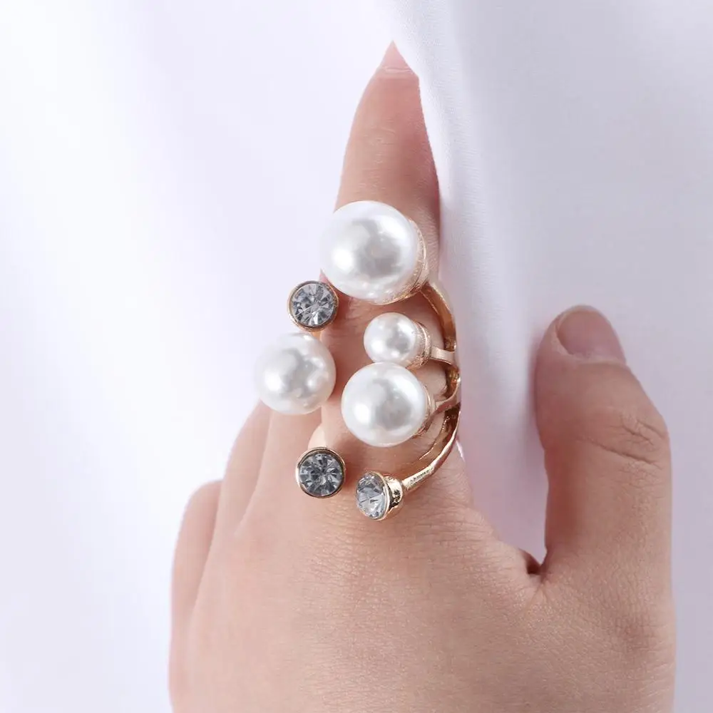 Elegant Retro Oversize Multi Pearl Rings for Women Lady Shiny Crystal Rhinestone Irregular Charm Ring Korean Wedding Jewelry