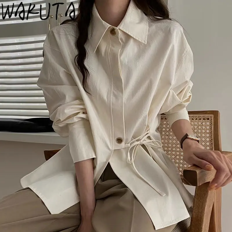 

WAKUTA New Fall Side Lace Up Women Shirts Women 2024 Korean Style Casual Double Buttons Long Sleeve Solid Ladies Tops Elegant