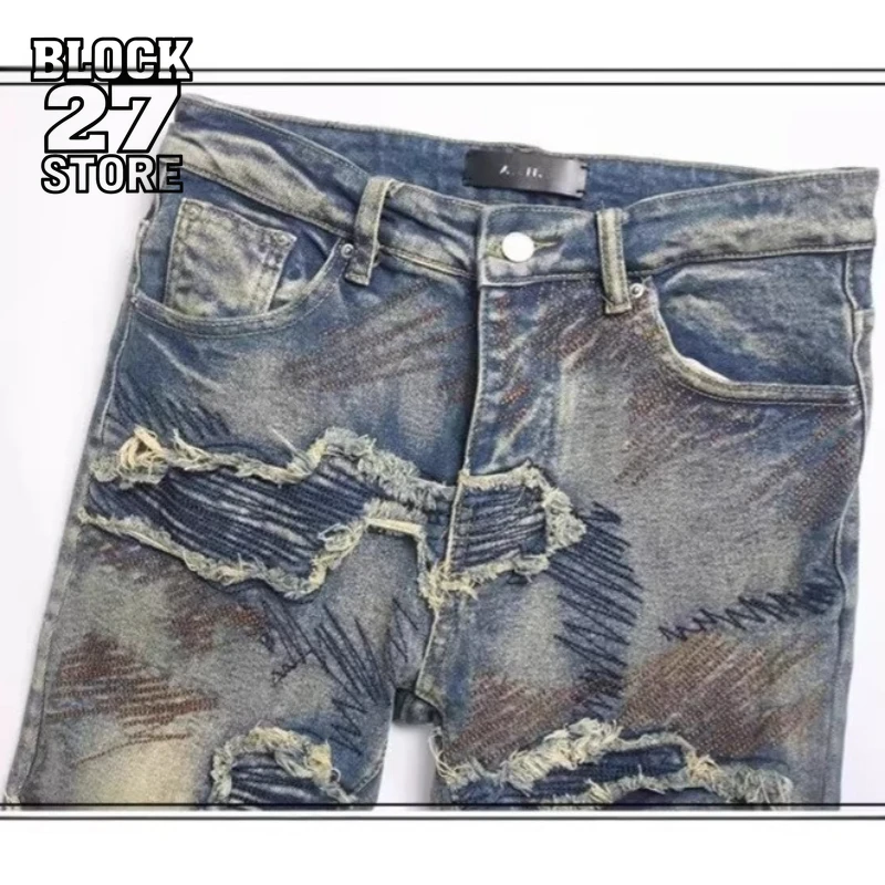 New Hip Hop Vintage Distressed Jeans Men Patchwork Ripped Hole Biker Pants Streetwear Y2K Gothic Style Trousers Harajuku Unisex view 3