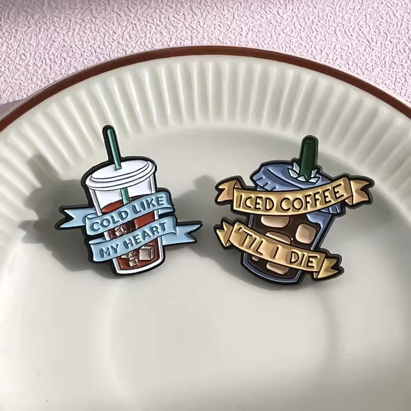 Cute Coffee Bottle Enamel Pins Love Cold Drinks Brooches Funny Cartoon Lapel Badges Clothes Accessories Jewelry Gifts Wholesale