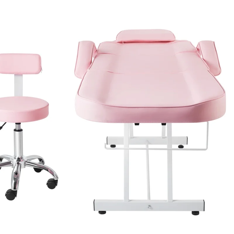 

Pink tri-fold beauty bed and chair with adjustable stool,