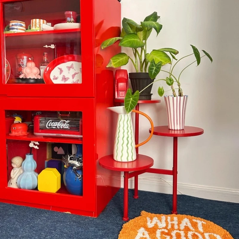 

Dopamine Red Metal Plant Shelf Multi-Tier Side Table with Artistic Design Storage Stand for Living Room Modern Accent End Table