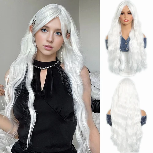 Imagen 1 del producto Peluca larga ondulada con flequillo, peluca sedosa blanca colorida para Cosplay para mujer, pelo sintético suave Natural para fiesta diaria, resistente al calor