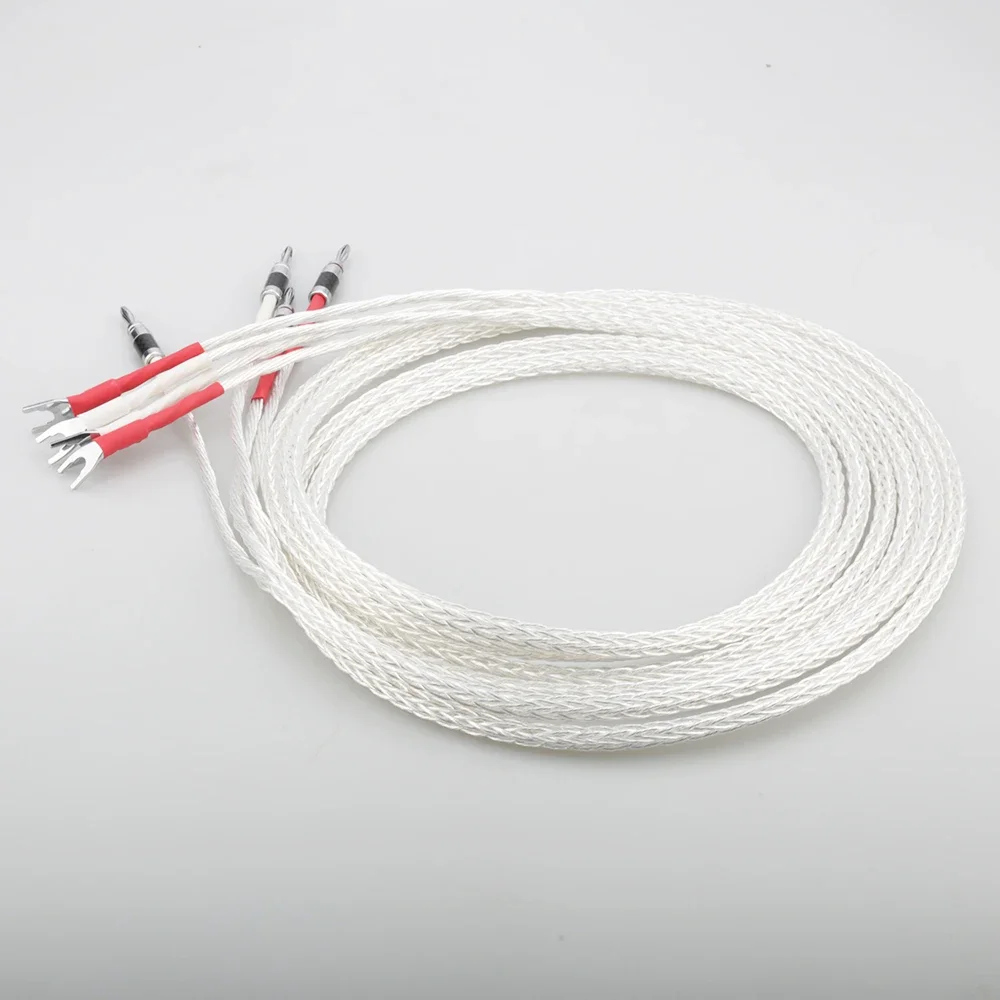 Pasangan Baru 8ag Kabel Speaker Hifi OCC Berlapis Perak Murni Kabel Speaker Hi-End untuk Amplifier dan Steker Pisang CD Ke Steker Sekop