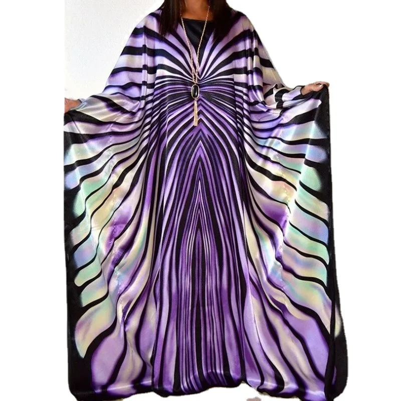 

African Riche Women Dress Print pattern Long Sleeve South American fashion zebra striped bat sleeves dress