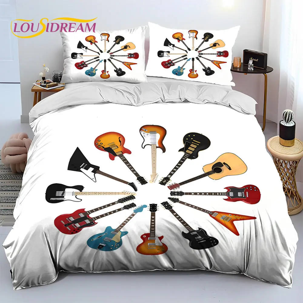 Classical Electric Guitar 3 Piece Comforter Bedding Set,Duvet Cover Bed Set Quilt Cover Pillowcase,King Queen Size Bedding Set