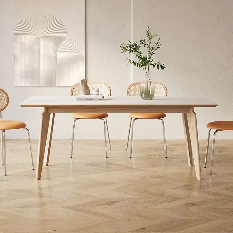 Minimalist cream style table, household small apartment all solid wood ash wood rock slab dining table