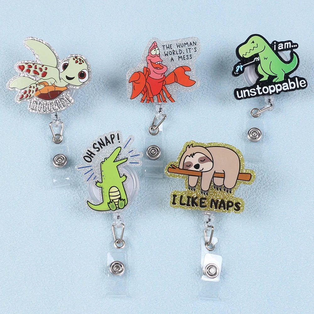 Cartoon Animal Badge Reel Retractable Acrylic Badge Holder Reel ID Clip DinosaurKoala Crocodile Clip for Nurse Office Student