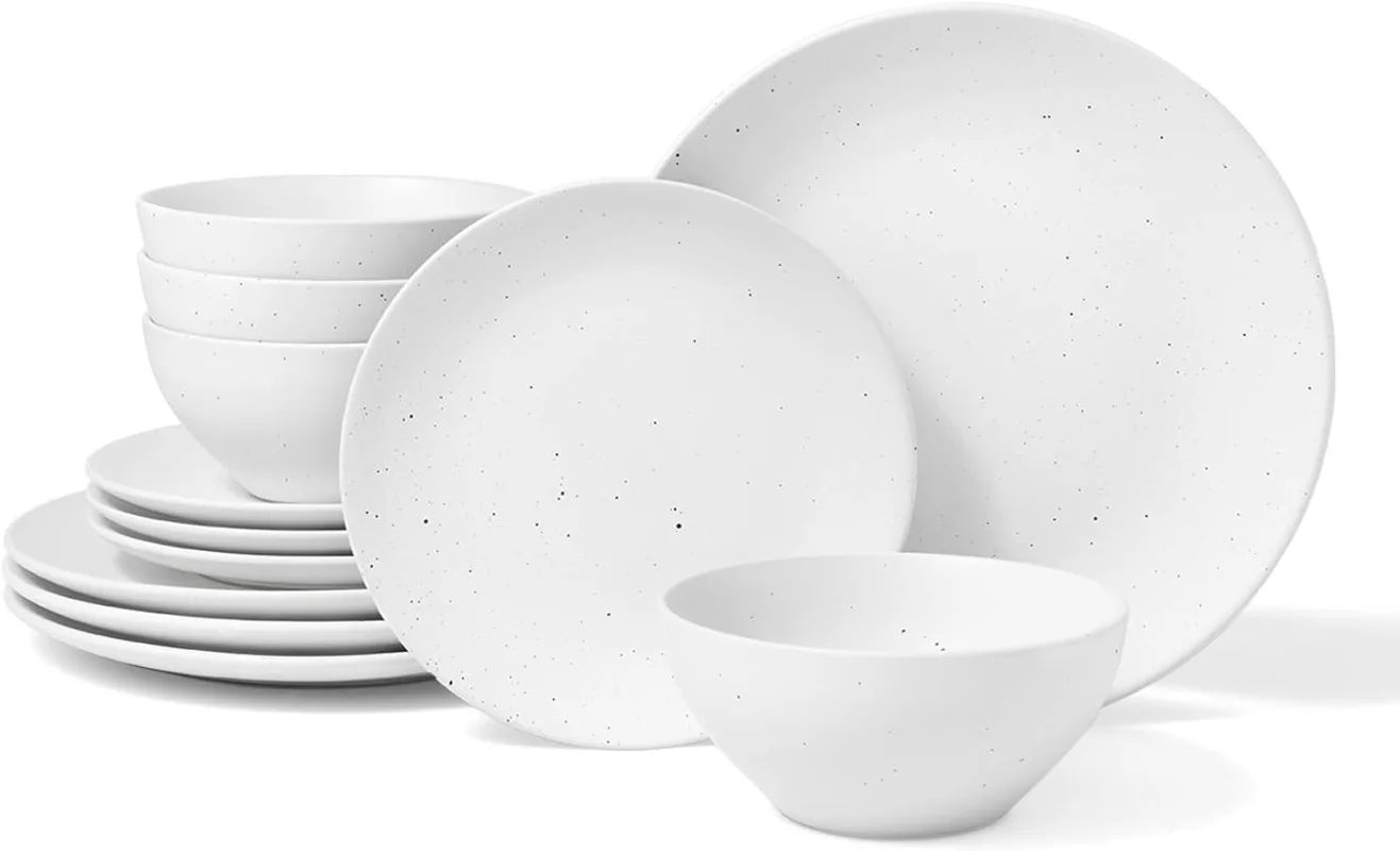 Moon Dinnerware Sets for 4, 12 Piece Stoneware Plates and Bowls Sets with Speckled Design, Matte Dish Set