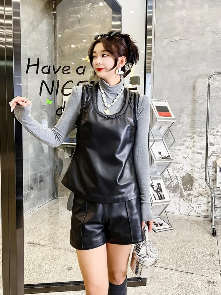 O-Neck Fashion Casual Women Genuine Leather Vest Slim Fit Black Street Jacket Pullover Sleeveless Sheepskin Waistcoat Female