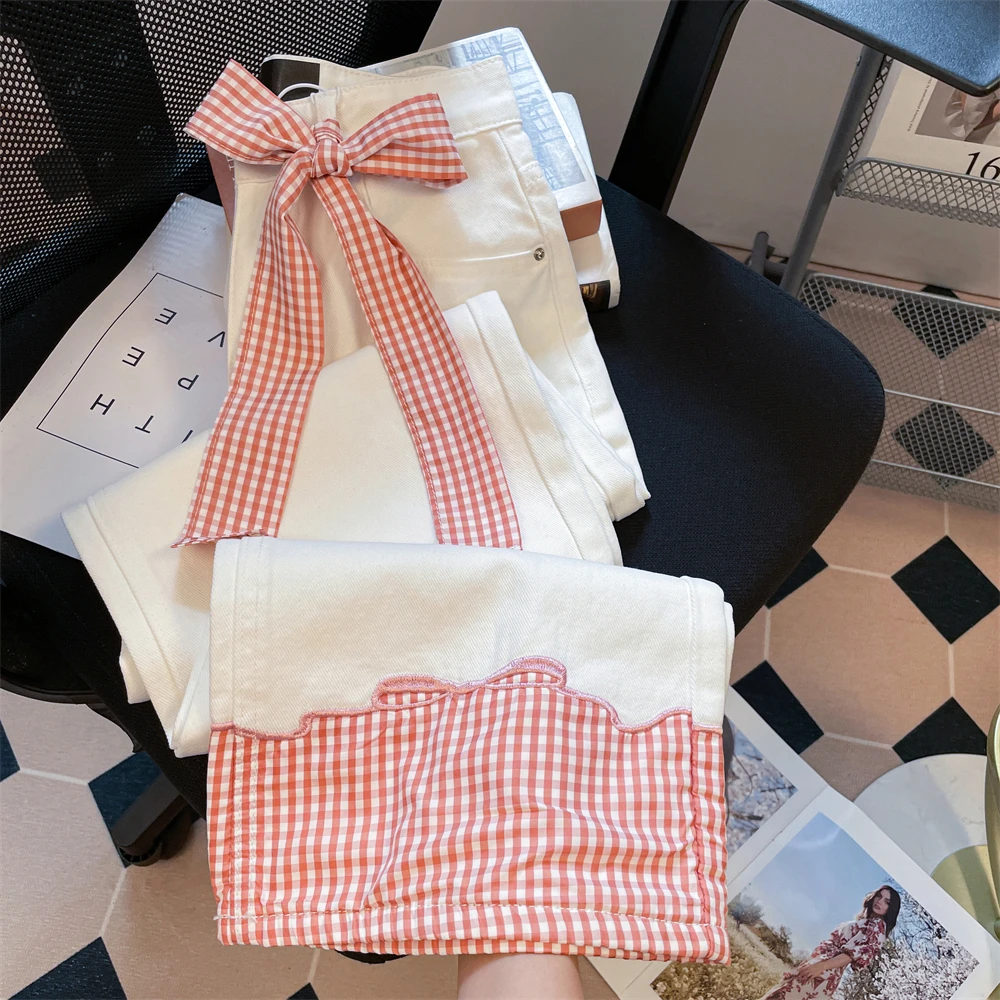 

Sweet Pink Plaid Bow Splicing Denim Pants Women's Versatile Fashion High Waisted Wide Leg Jeans Loose Casual Female Trousers