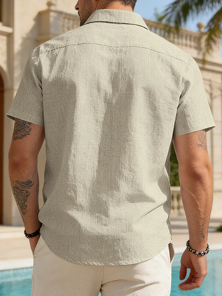 Summer Stylish Striped Patchwork Shirts Men Casual Short Sleeve Linen Shirt Spring Vintage Men Turn-down Collar Button-up Shirt