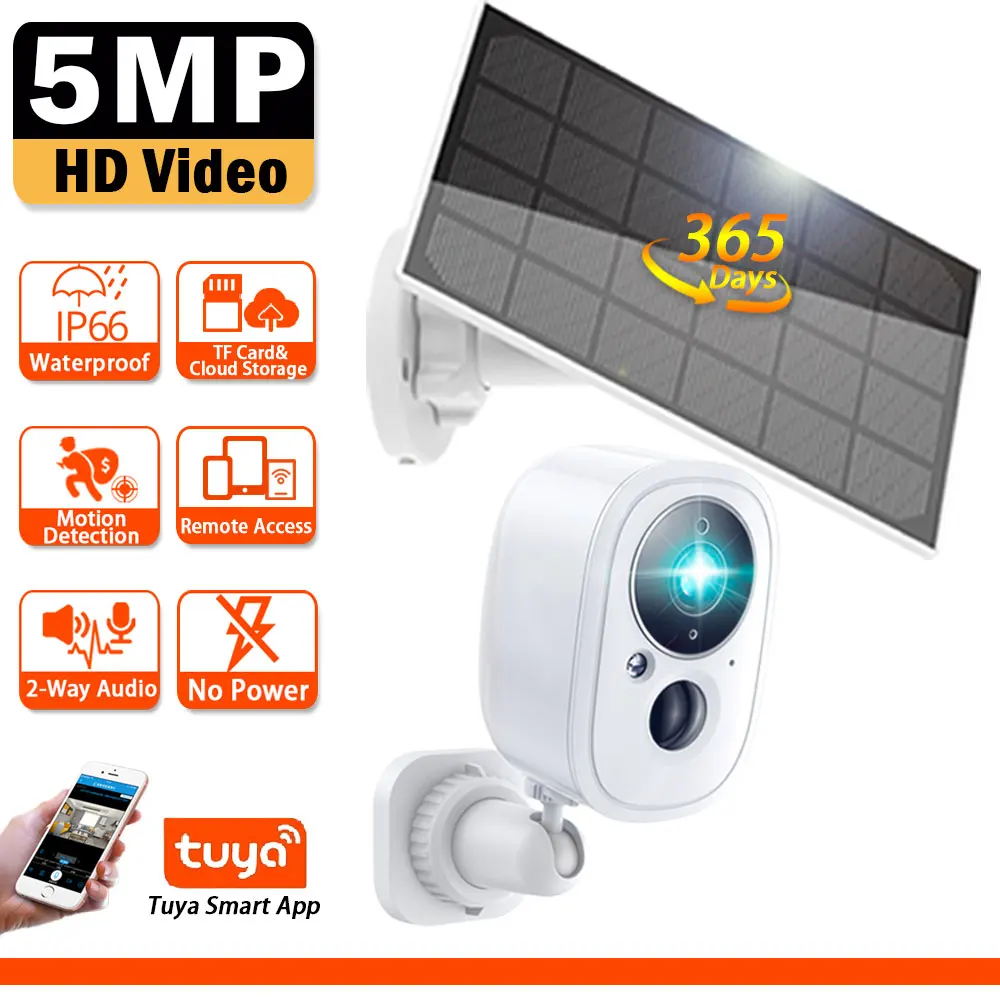 

5MP HD Solar WIFI Surveillance Camera 2-Way Audio Motion Detect Low-Power Consumption Tuya Smart Security IP Camera with Battery