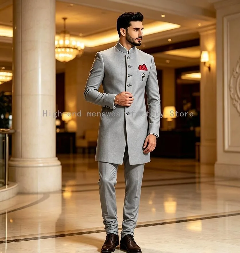 New Design Men's Stand Collar Long Blazer Suit 2Pcs Set Wedding Groom Blazer Trousers Formal Prom Evening Party Costume for Men