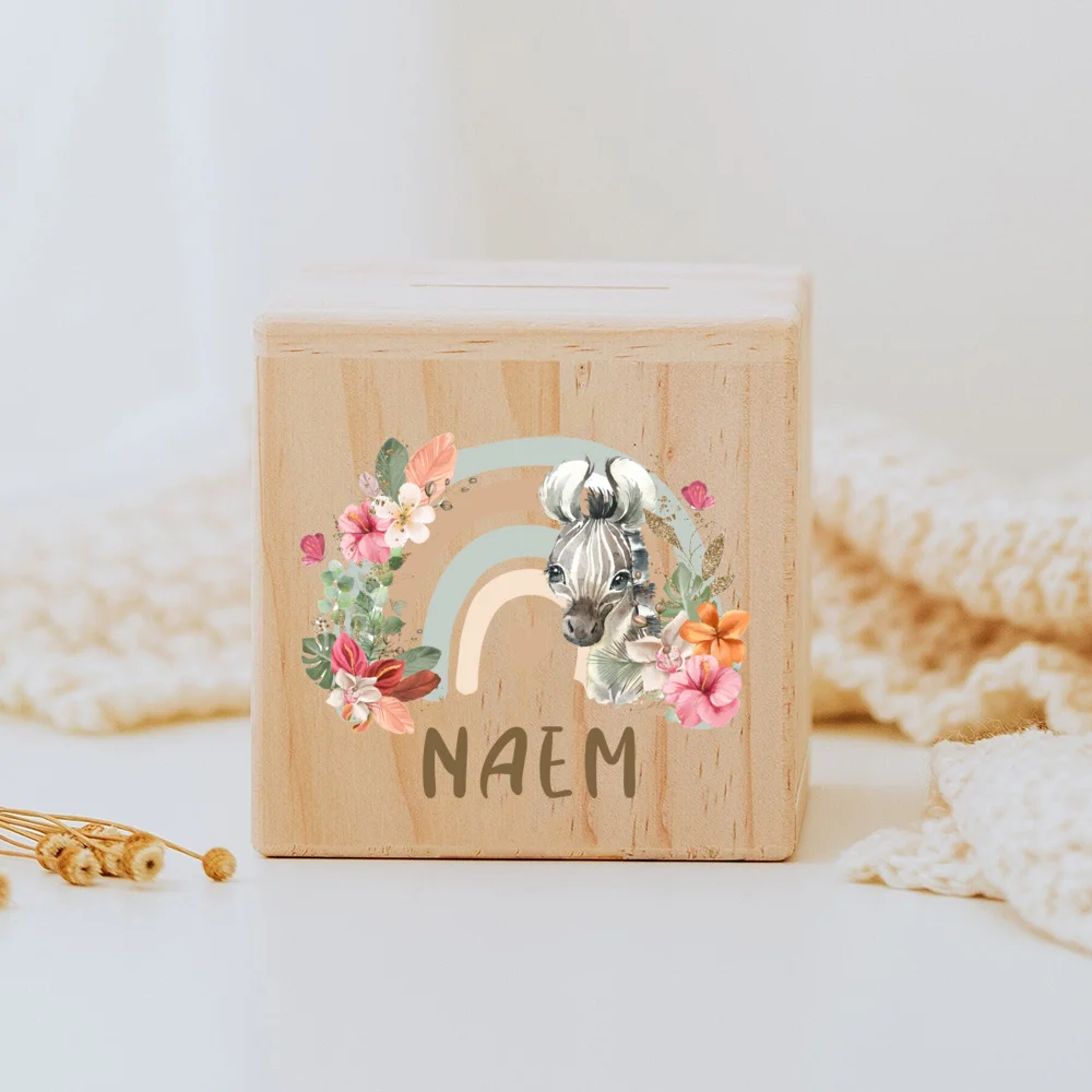 Personalized Money Box Rainbow Safari Animals with Name Wooden Money Boxes Child Coin Bank Coin Collection Case Gift for Kids