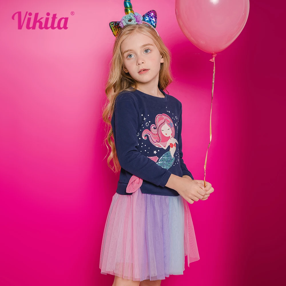 VIKITA Girl Mermaid Cartoon Appliqued Dress Kids Autumn Spring Long Sleeve Patchwork Colorful Princess Thick Sweater Party Dress