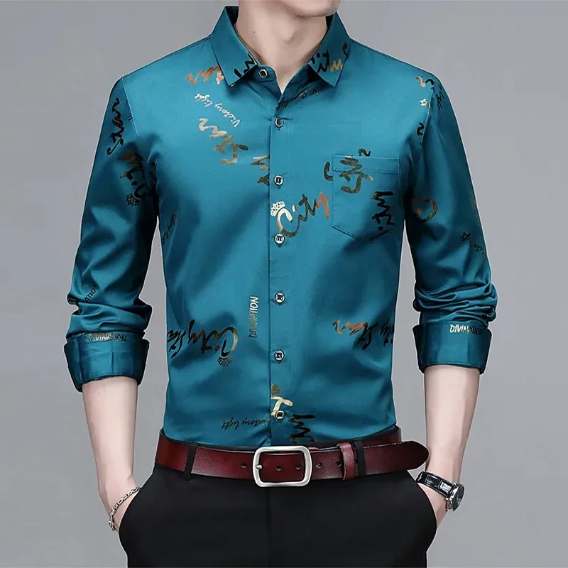 Men's Casual and Fashionable Long Sleeved Printed Shirt Non Ironing and Wrinkle Resistant Business Top