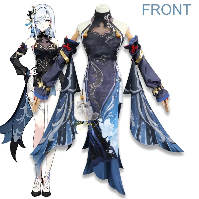 Disfraz de Cosplay de 2025, yiyi Shenhe Genshin Impact Frostflower, peluca de uniforme de rocío, disfraces de Anime para Halloween, traje de personaje del juego para mujer