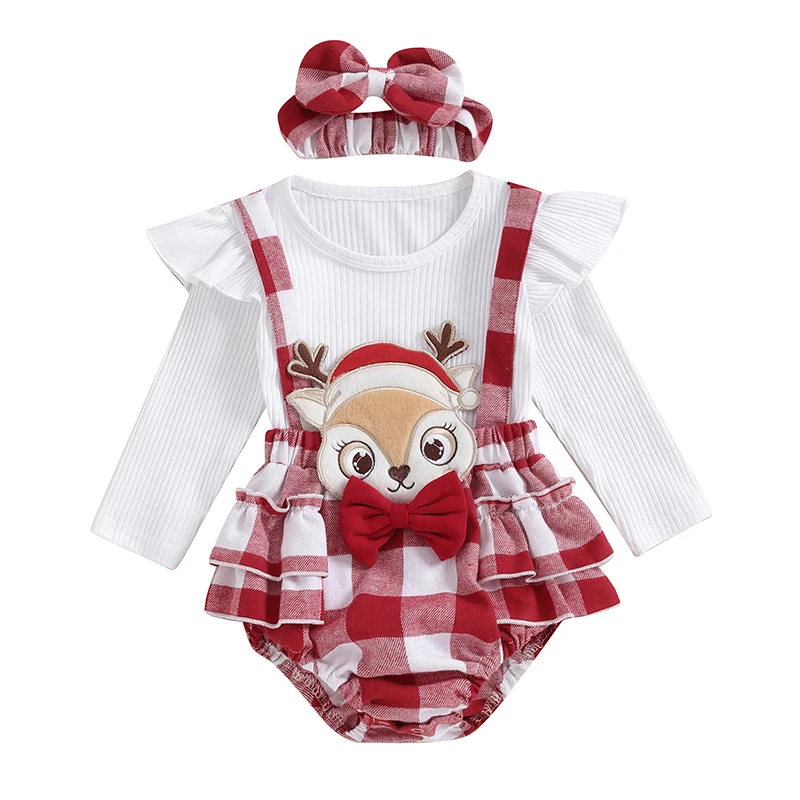 

0-18M Infant Girl Christmas Jumpsuit Long Sleeve Paid Print Deer Embroidery Romper Newborn Baby Bodysuit Headband