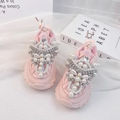 Princess Pink Pearls Spring/Autumn Children Shoes Crystal Toddler Girls Sneakers Mesh Breathable Fashion Casual Kids Shoes 26-38