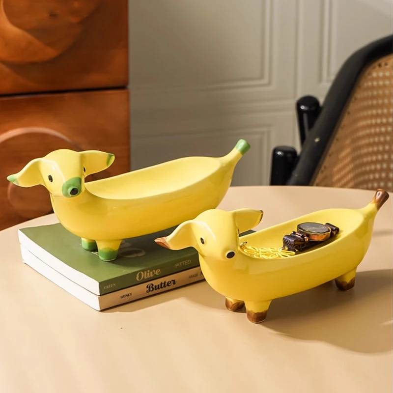 Bandeja de almacenamiento de estatua de perro plátano, adornos de cerámica de arte divertido, bandeja de almacenamiento de animales de dibujos animados, decoración de mesa para café de sala de estar y hogar