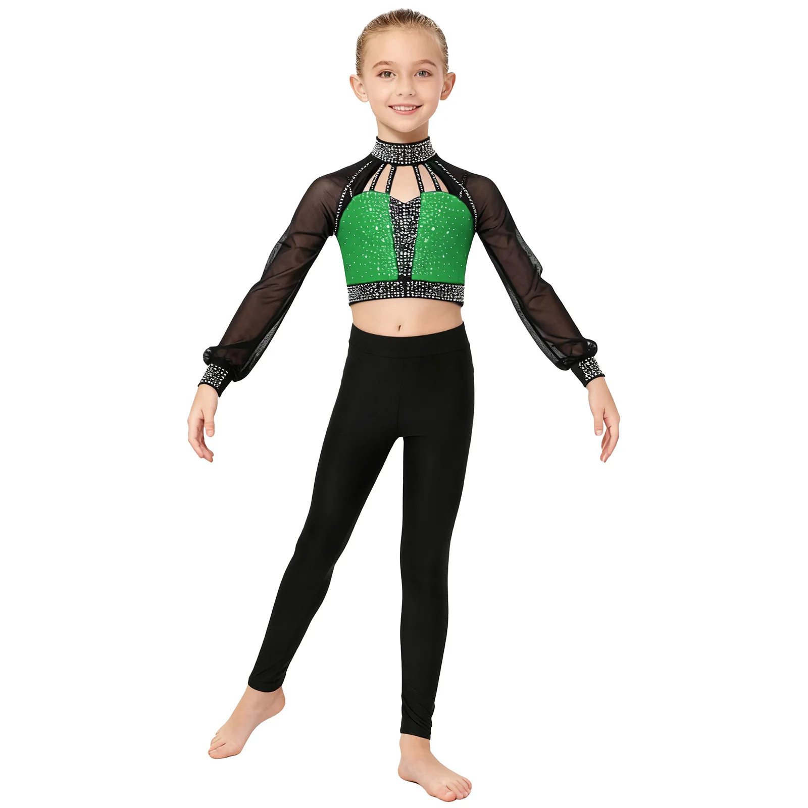 

Детский костюм для фигурного катания для девочек, гимнастики, танцевального выступления, прозрачная сетка, укороченный топ с длинными рукавами и блестками, леггинсы, танцевальные костюмы