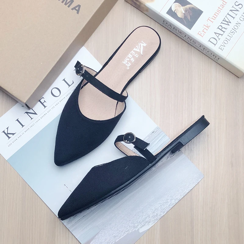 Women Sandals Black Pointed Shoes Women Flats Casual Shoes Sandalias De Mujer Large Size 42 43 33 34 Flat Shoes No Back Slippers